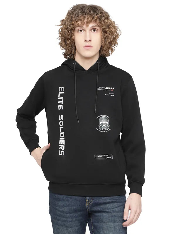 Octave Men Black Fleece Printed Hooded Sweatshirt