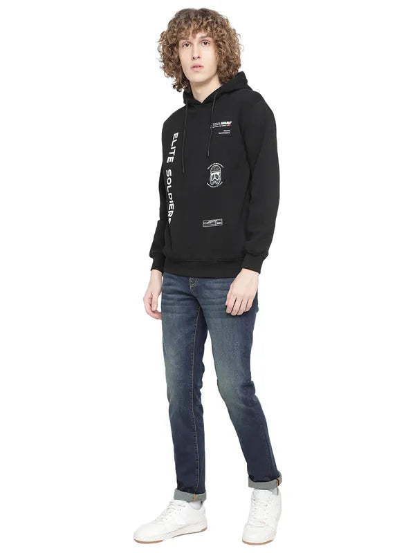 Octave Men Black Fleece Printed Hooded Sweatshirt