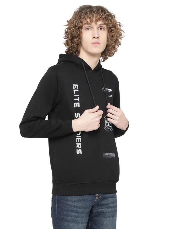 Octave Men Black Fleece Printed Hooded Sweatshirt
