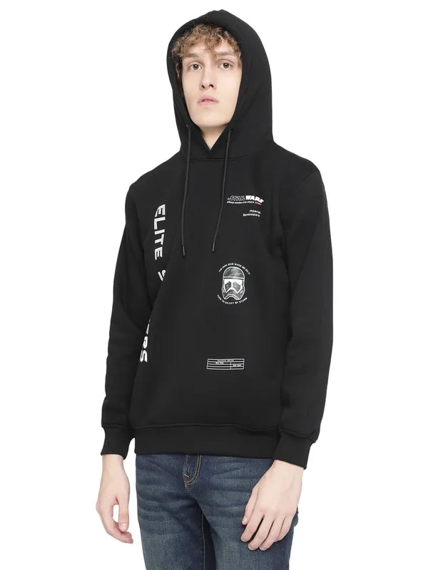 Octave Men Black Fleece Printed Hooded Sweatshirt