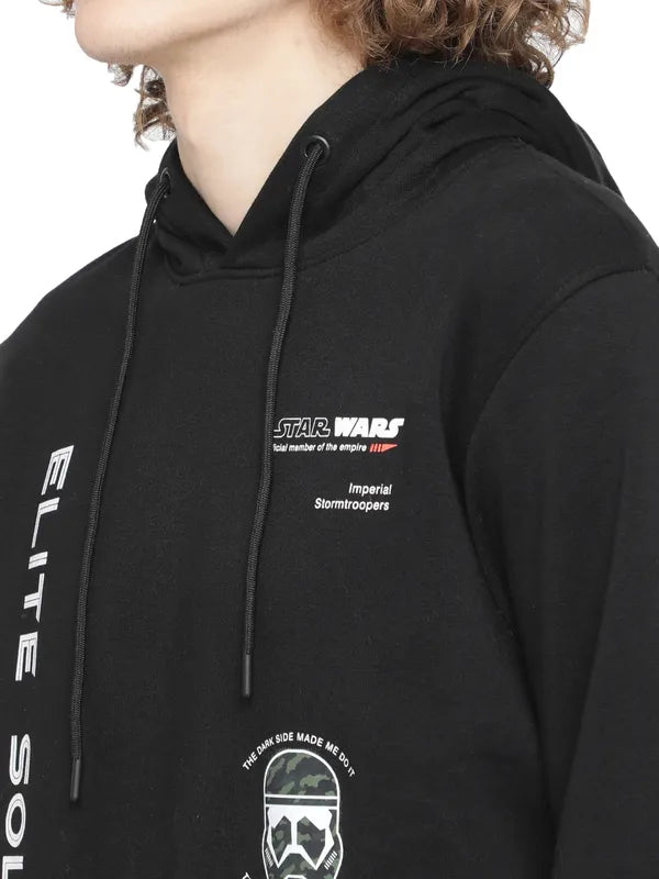 Octave Men Black Fleece Printed Hooded Sweatshirt