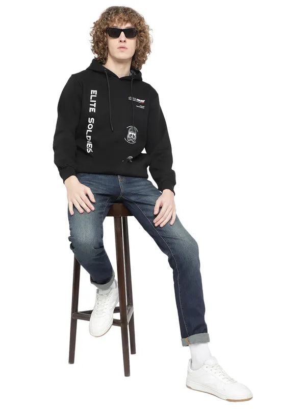 Octave Men Black Fleece Printed Hooded Sweatshirt