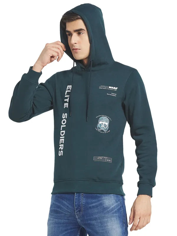 Octave Men Green Printed Fleece Hooded Sweatshirt