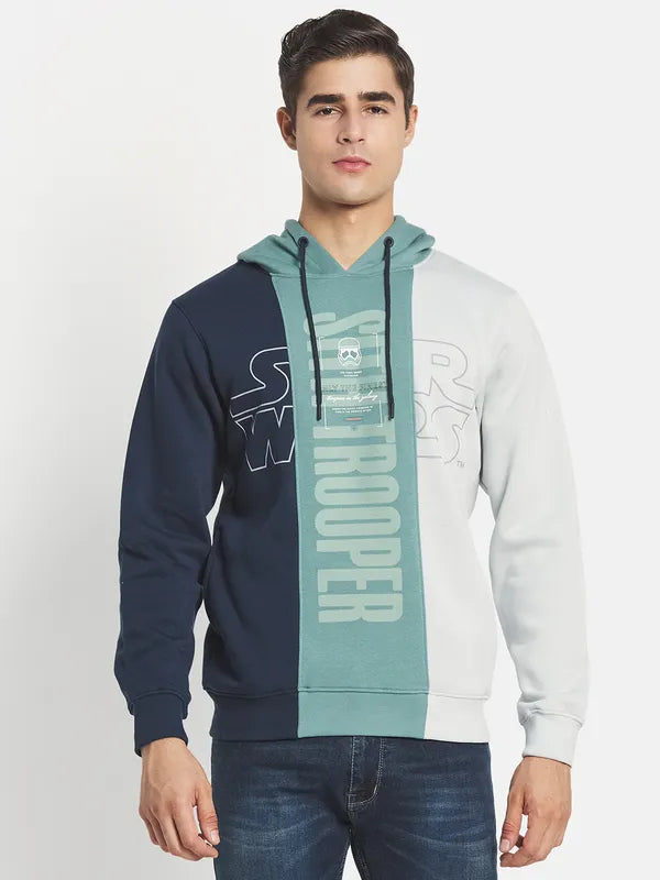 Men Navy Blue Colourblocked Typography Hooded Fleece Plus Size Sweatshirt