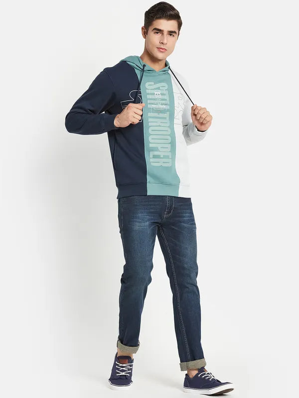 Men Navy Blue Colourblocked Typography Hooded Fleece Plus Size Sweatshirt