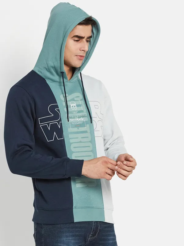 Men Navy Blue Colourblocked Typography Hooded Fleece Plus Size Sweatshirt