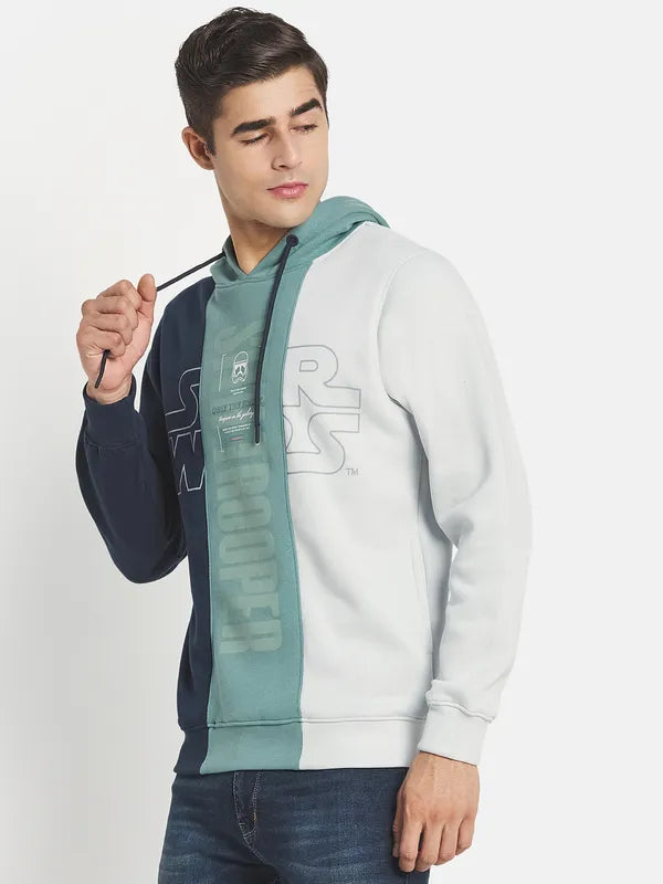 Men Navy Blue Colourblocked Typography Hooded Fleece Plus Size Sweatshirt