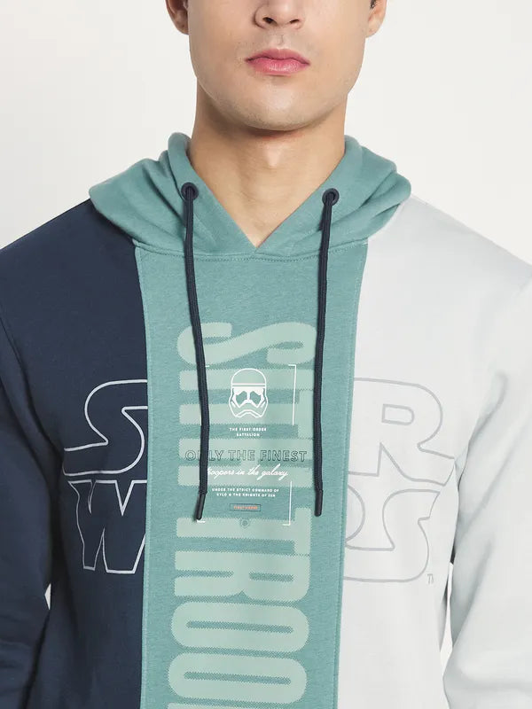 Men Navy Blue Colourblocked Typography Hooded Fleece Plus Size Sweatshirt