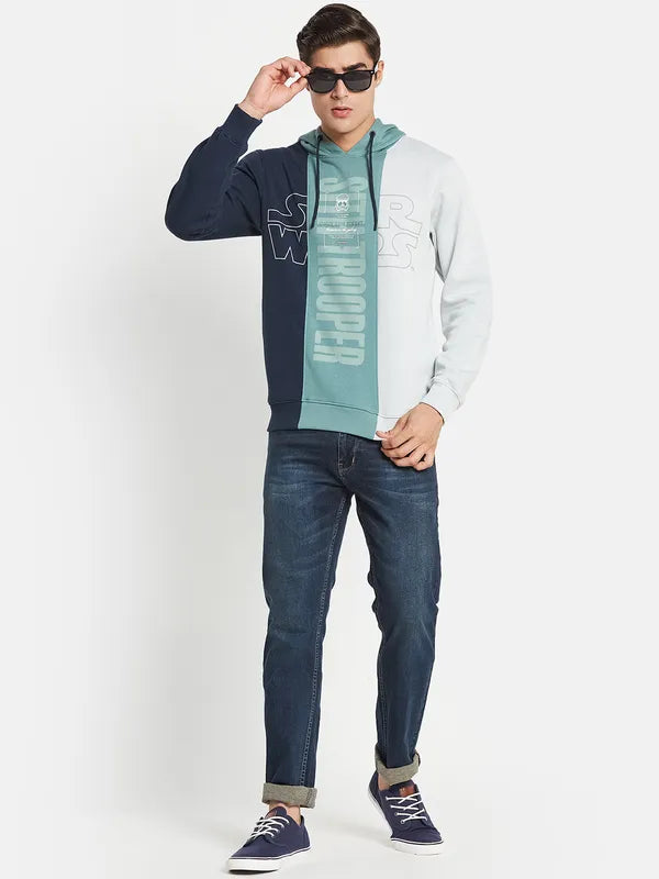 Men Navy Blue Colourblocked Typography Hooded Fleece Plus Size Sweatshirt
