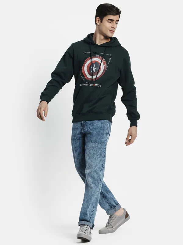 Men Green Printed Hooded Sweatshirt