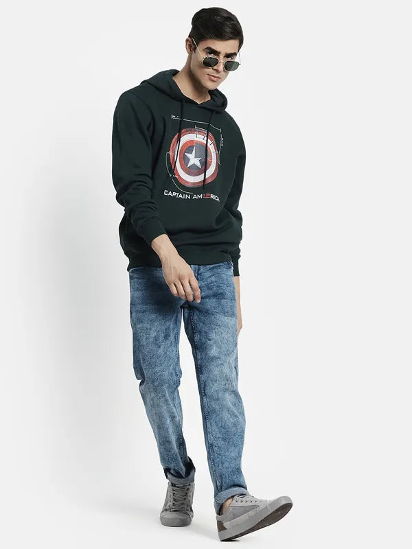 Men Green Printed Hooded Sweatshirt