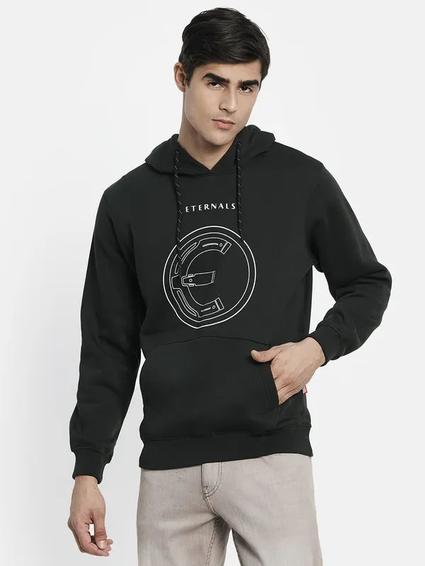 Men Olive Green Printed Hooded Sweatshirt