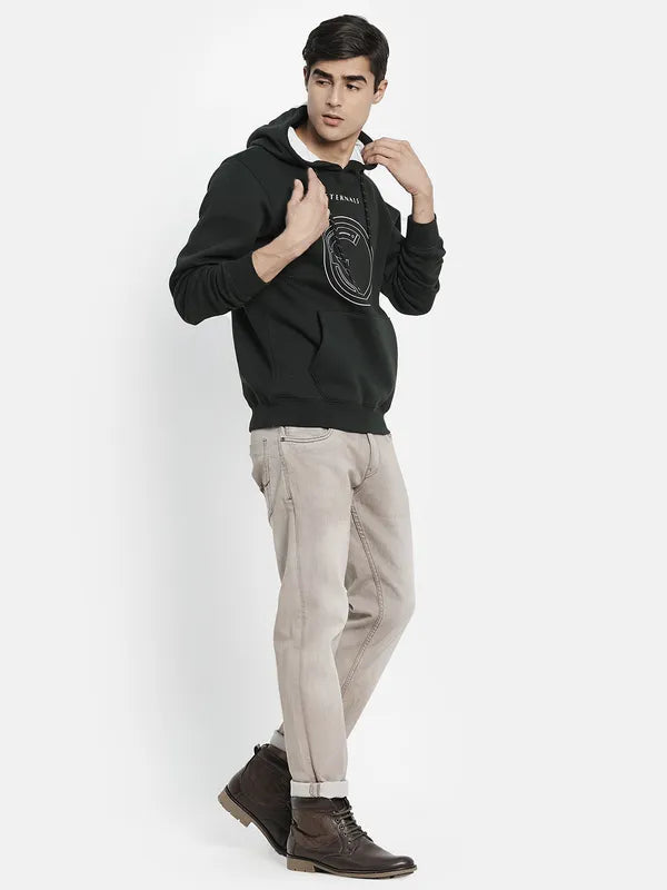 Men Olive Green Printed Hooded Sweatshirt