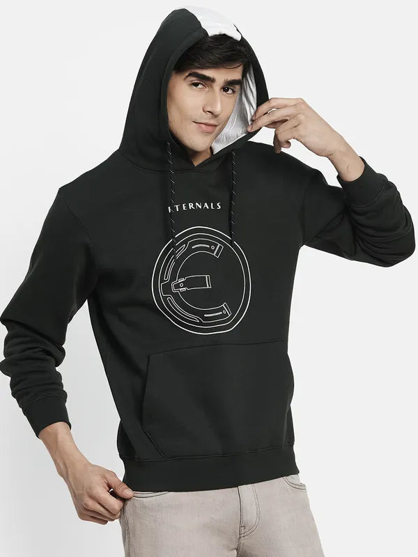 Men Olive Green Printed Hooded Sweatshirt