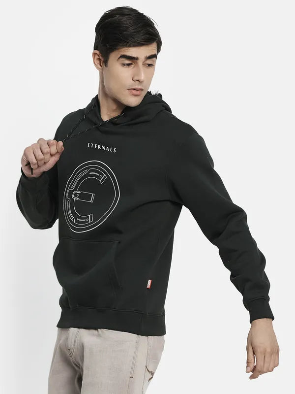 Men Olive Green Printed Hooded Sweatshirt