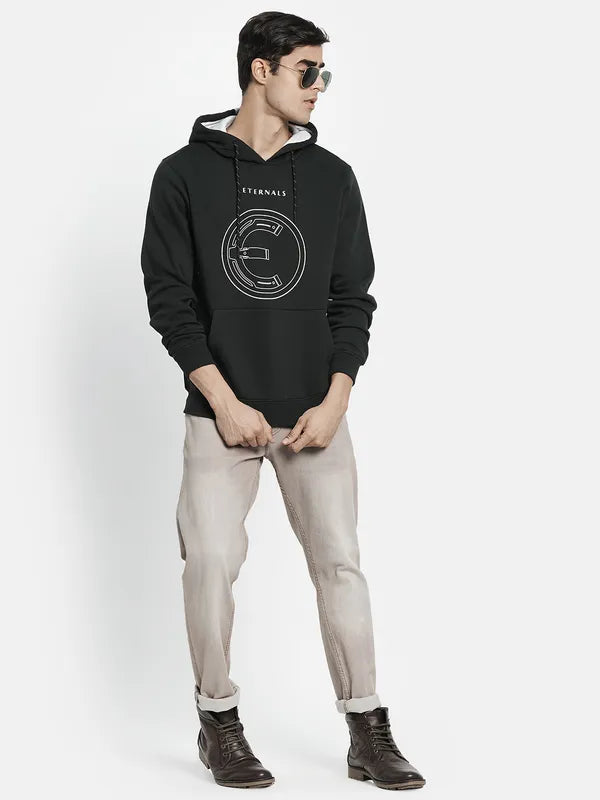 Men Olive Green Printed Hooded Sweatshirt