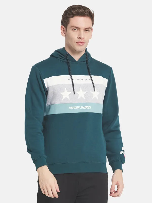 Men Green Printed Hooded Fleece Sweatshirt