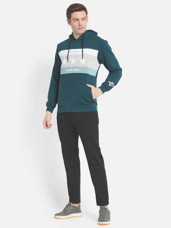 Men Green Printed Hooded Fleece Sweatshirt