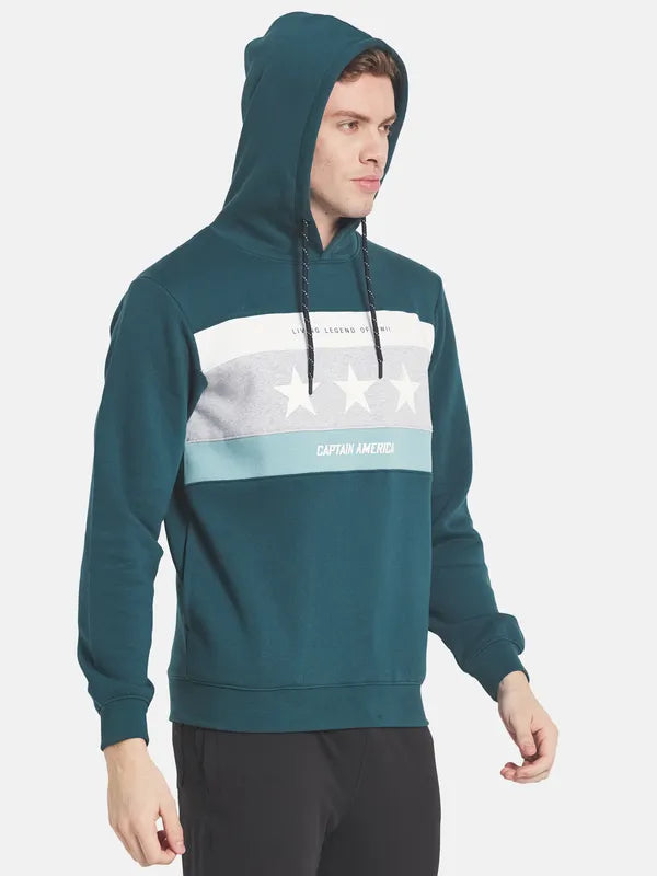 Men Green Printed Hooded Fleece Sweatshirt