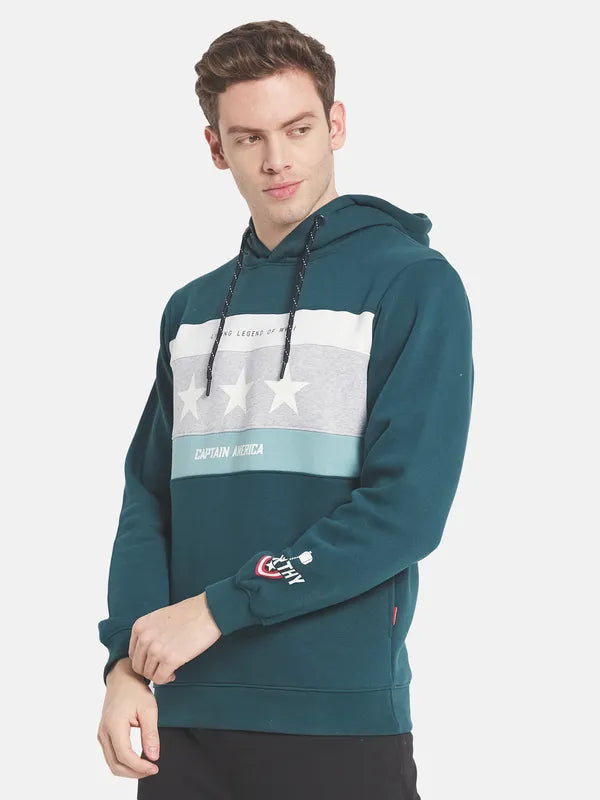 Men Green Printed Hooded Fleece Sweatshirt