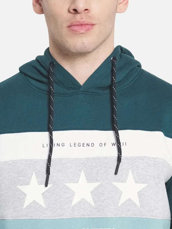 Men Green Printed Hooded Fleece Sweatshirt