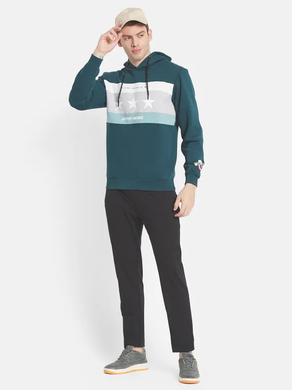 Men Green Printed Hooded Fleece Sweatshirt