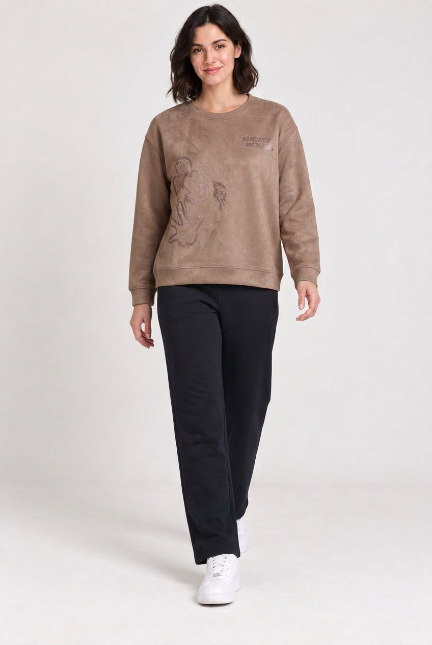 Women’s Sepia Knitted Suede Mickey Mouse Sweatshirt – Regular Fit Crew Neck