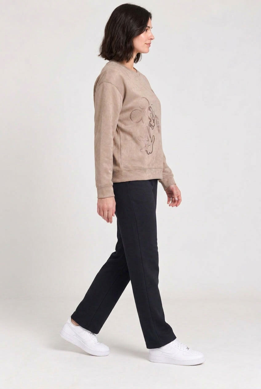 Women’s Sepia Knitted Suede Mickey Mouse Sweatshirt – Regular Fit Crew Neck