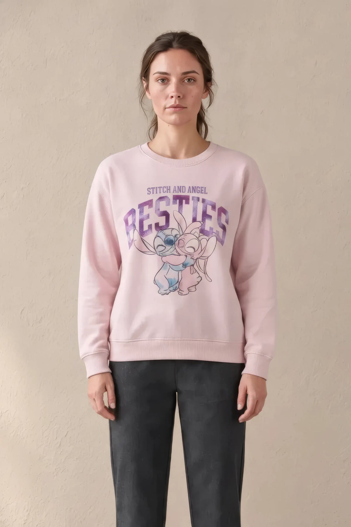 Women’s Disney Stitch & Angel Pink Brushed Cotton Fleece Sweatshirt – Regular Fit
