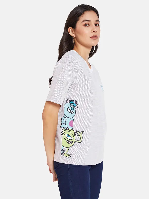 Mettle Ss24 Women Placement Print Round Neck Self Design T-Shirt