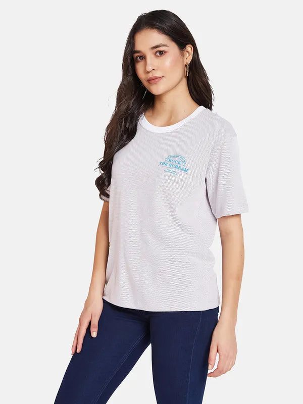 Mettle Ss24 Women Placement Print Round Neck Self Design T-Shirt