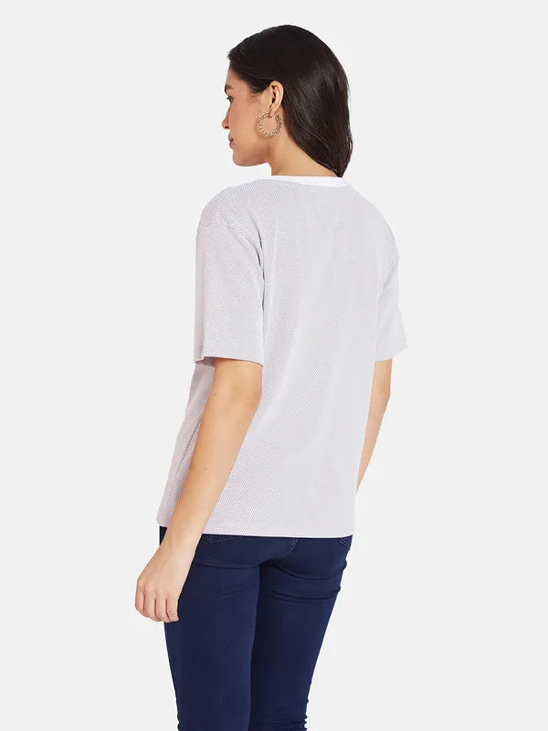 Mettle Ss24 Women Placement Print Round Neck Self Design T-Shirt