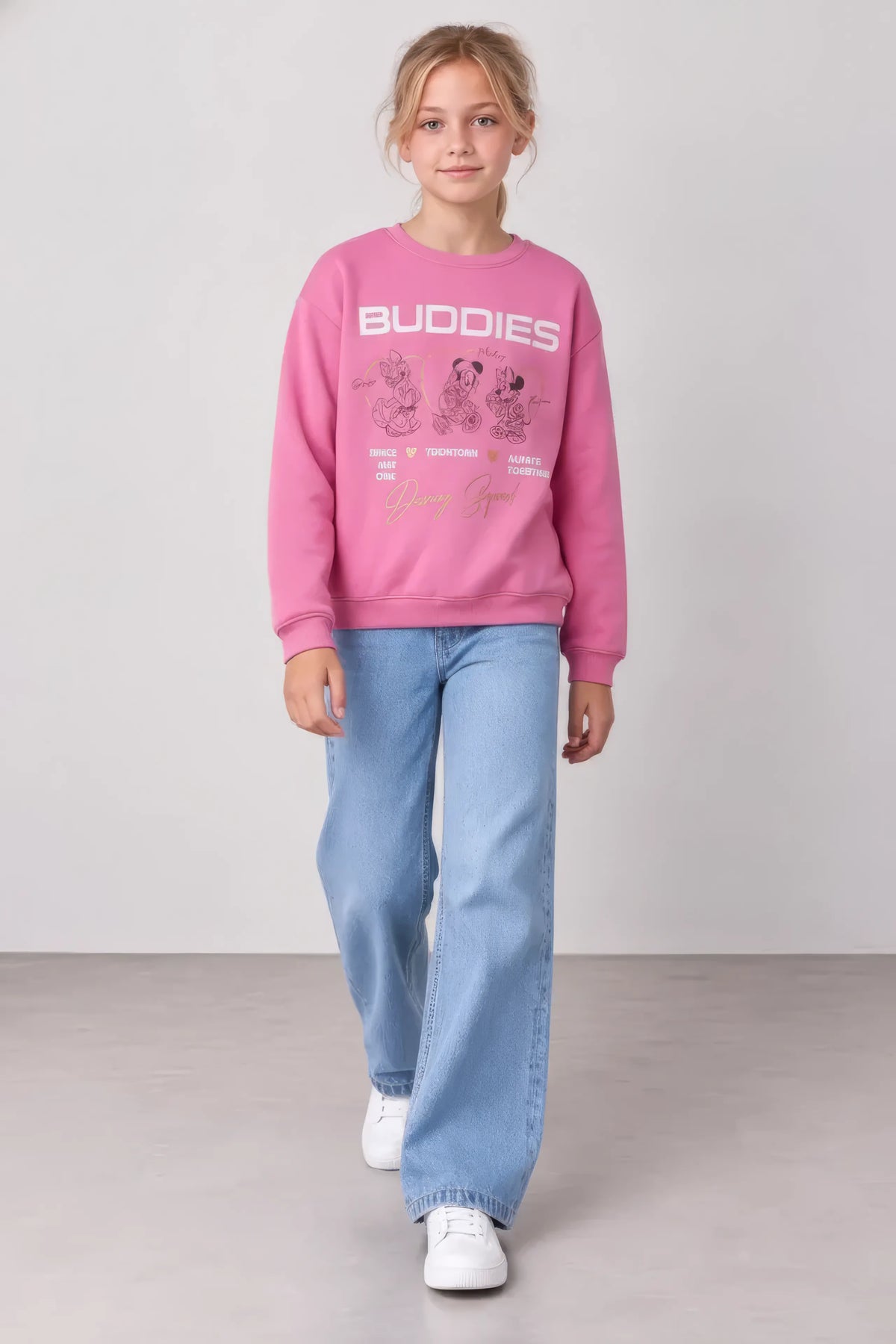 Junior Girls Shocking Pink Brushed Cotton Fleece Regular Fit Disney Graphic Sweatshirt