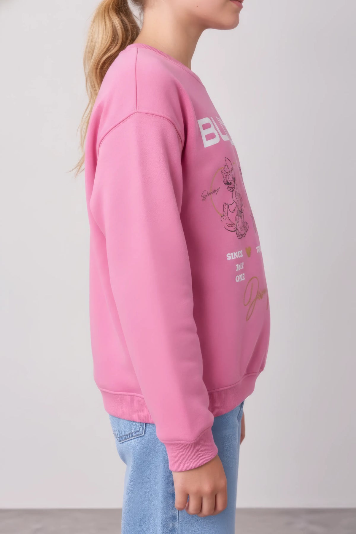 Junior Girls Shocking Pink Brushed Cotton Fleece Regular Fit Disney Graphic Sweatshirt