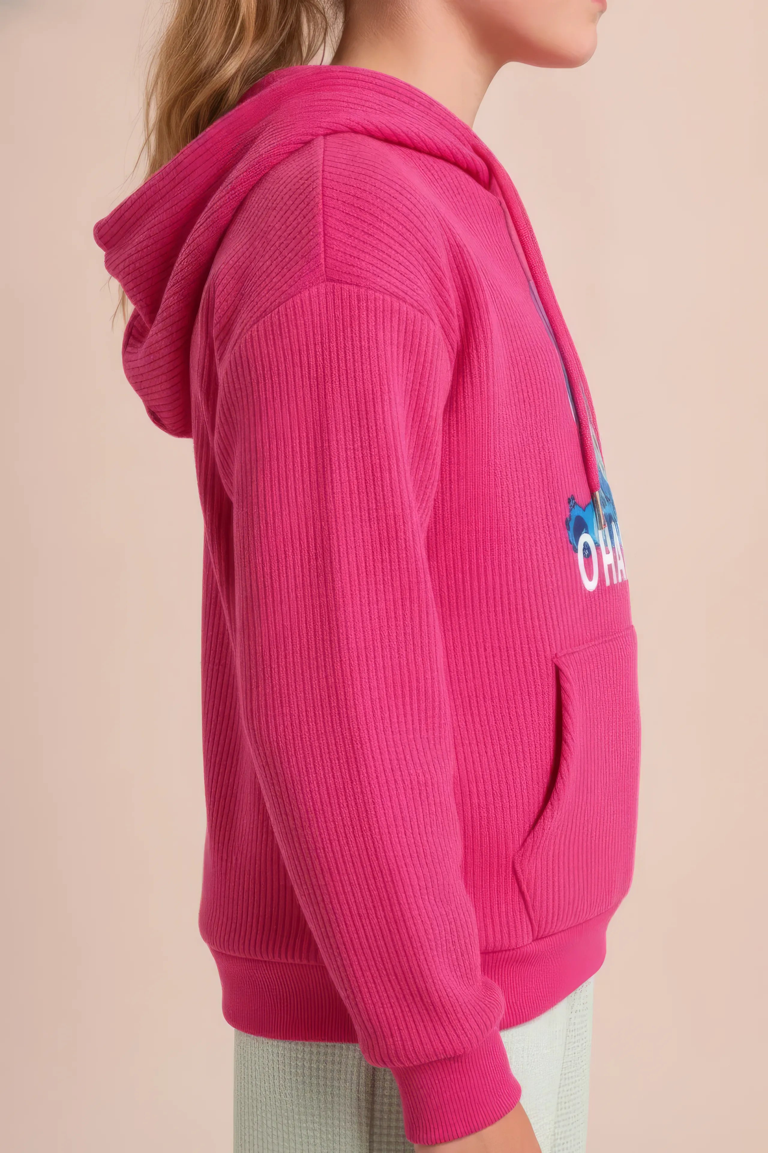 Junior Girls Hot Pink Cotton Fleece Corduroy Hoodie Sweatshirt – Regular Fit Ohana Graphic
