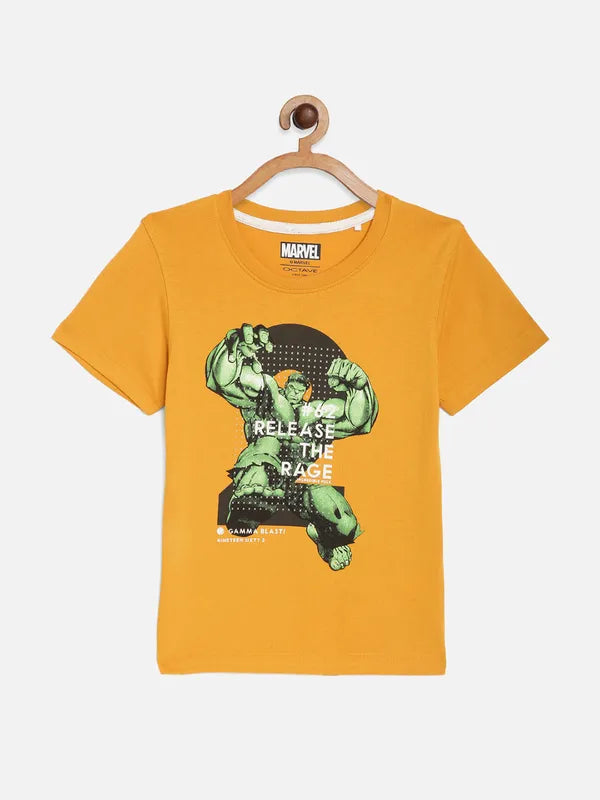 Octave Boys Mustard Yellow Printed Cotton T-Shirt