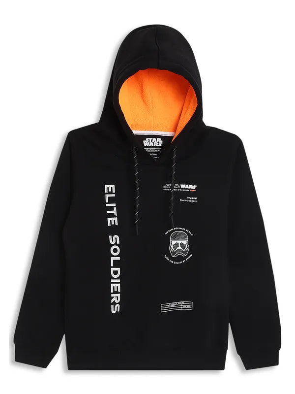 Octave Boys Black Printed Hooded Fleece Sweatshirt