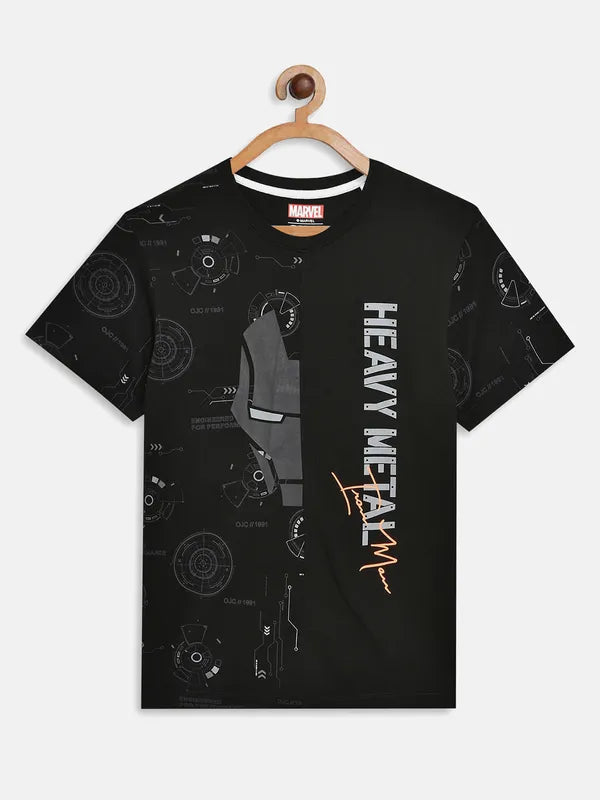 Octave Boys Black Typography Iron Man Printed V-Neck Applique T-Shirt