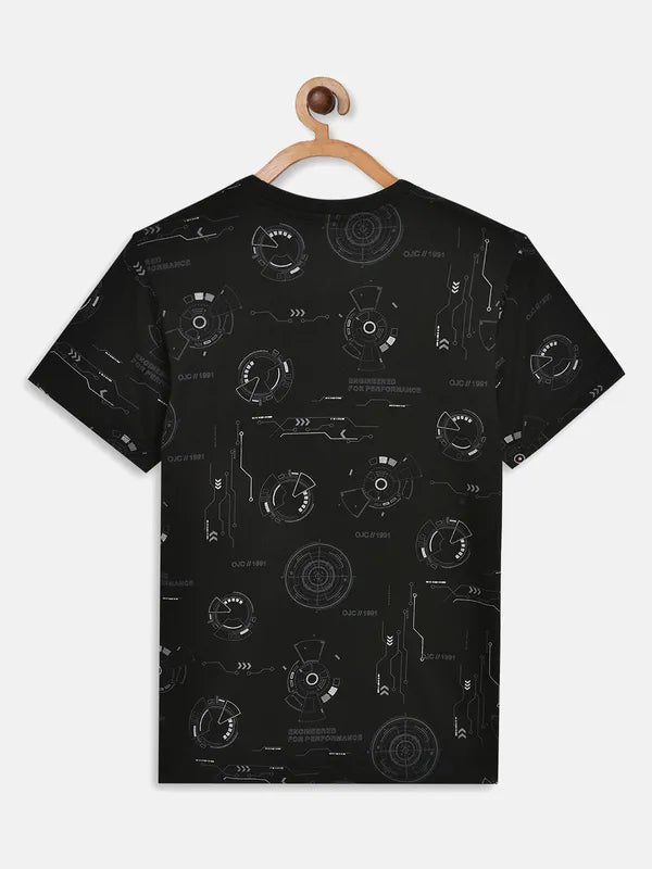 Octave Boys Black Typography Iron Man Printed V-Neck Applique T-Shirt