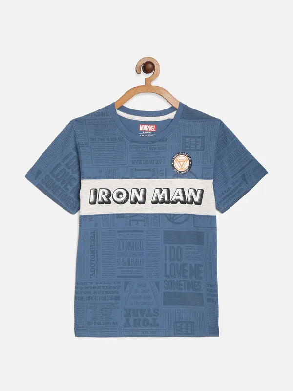Octave Boys Blue Typography Iron Man Printed Cotton T-Shirt