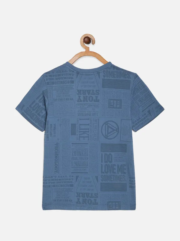 Octave Boys Blue Typography Iron Man Printed Cotton T-Shirt