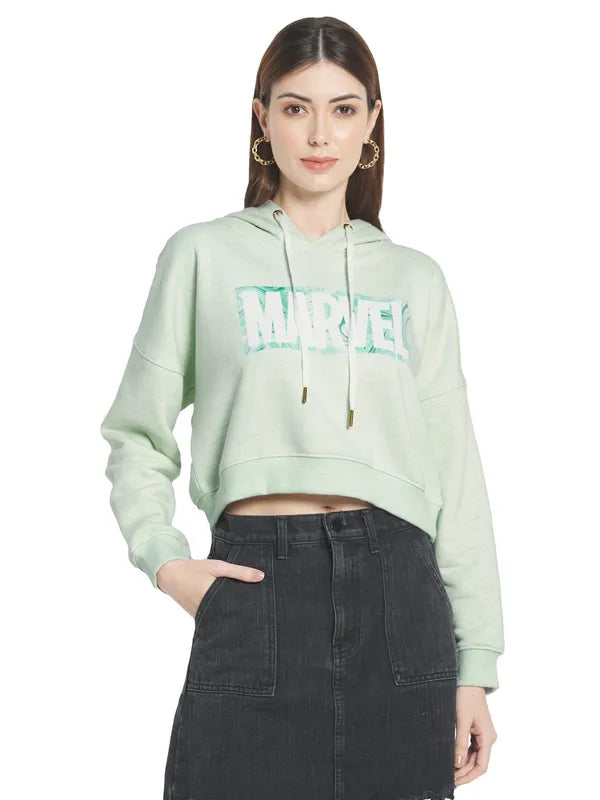 Mettle Women Olive Green Printed Hooded Sweatshirt