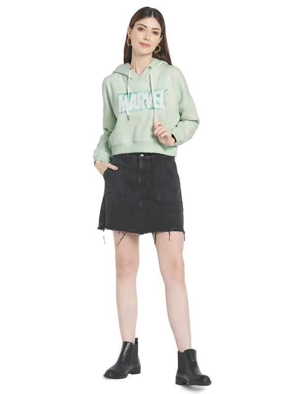 Mettle Women Olive Green Printed Hooded Sweatshirt
