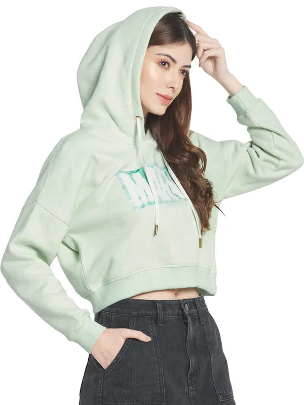 Mettle Women Olive Green Printed Hooded Sweatshirt