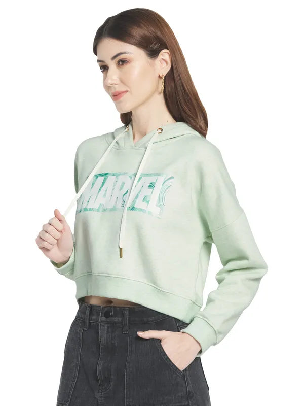 Mettle Women Olive Green Printed Hooded Sweatshirt