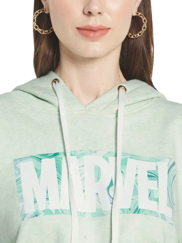 Mettle Women Olive Green Printed Hooded Sweatshirt