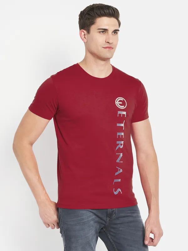 Octave Men Red Typography Printed Applique T-Shirt