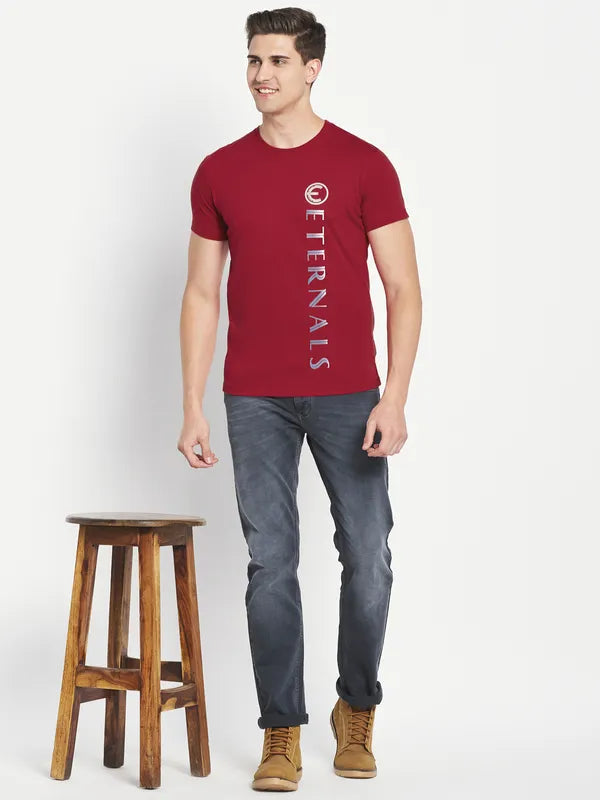 Octave Men Red Typography Printed Applique T-Shirt