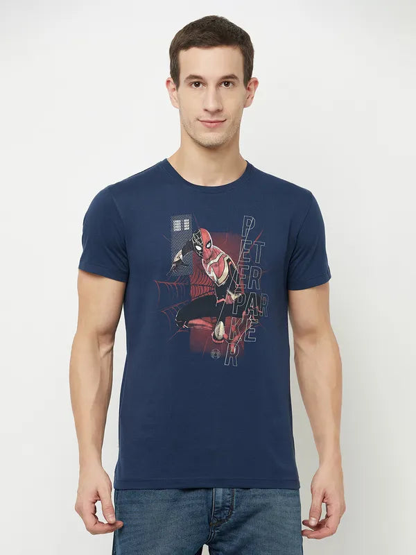 Octave Men Blue Spider-Man Printed Raw Edge T-Shirt