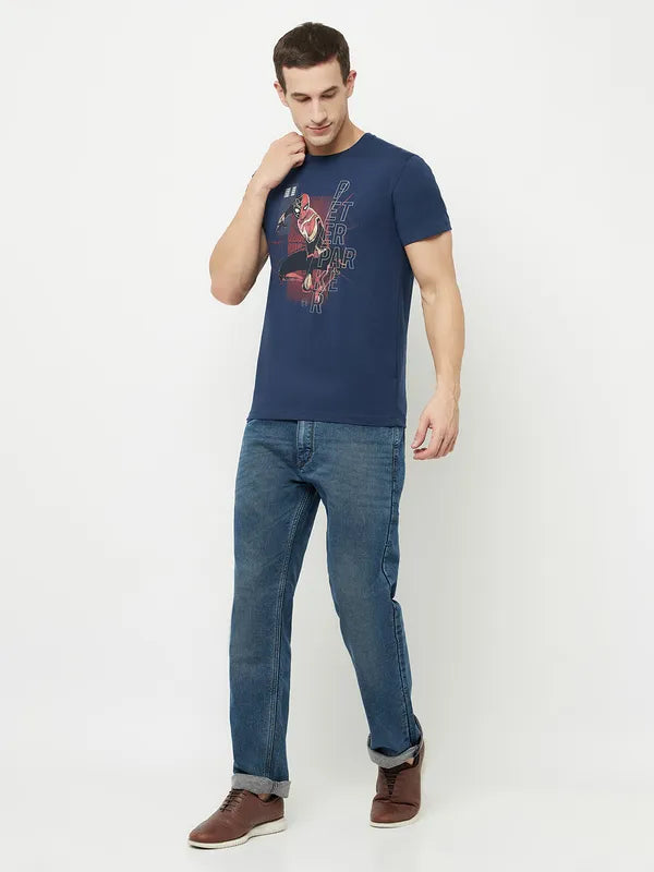 Octave Men Blue Spider-Man Printed Raw Edge T-Shirt
